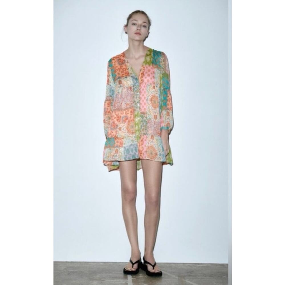 Zara Patchwork Boho Mini Dress V Neck Metallic Thread Button Front Size M